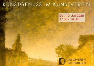 Stadtansicht von Paderborn (Dom) als Spiegelung in der Pader, Text: Kunstgenuss im Kunstverein, Do. 10 Juli 2025 17:30-19 Uhr. Kunstverein Paderborn, Foto Heiko Nowack